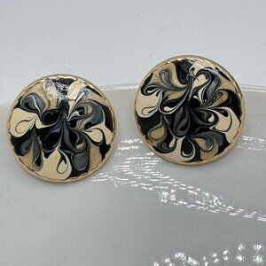 80s Swirl Enamel Round Button Earrings Black Cream Gold Clip-On Metal Retro
